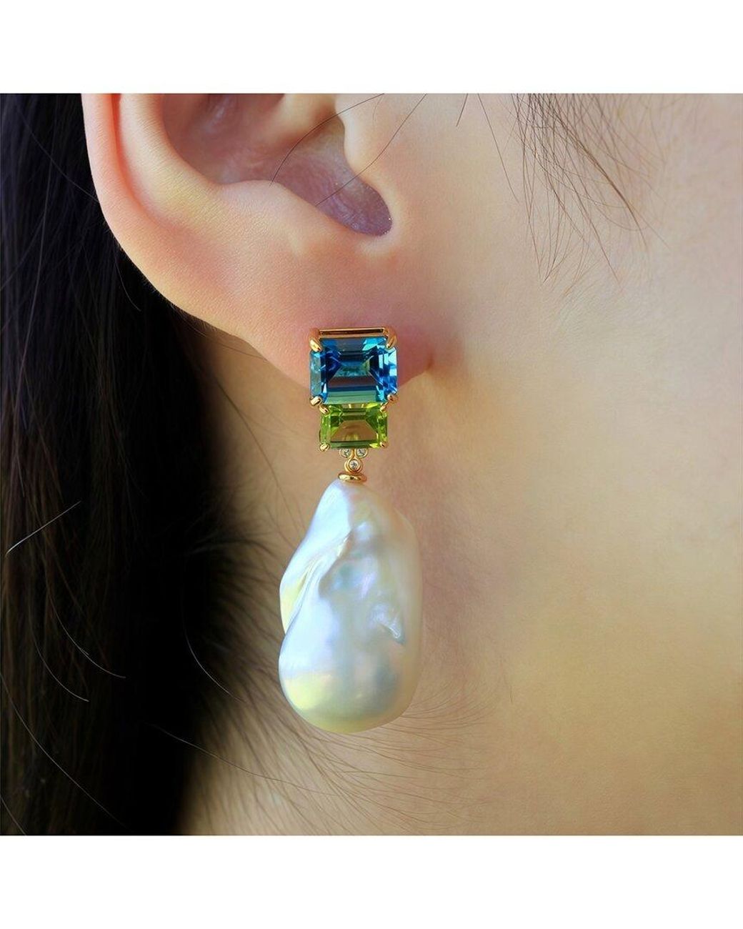 Kai Fine Jewelry Blue 14K 8.83 Ct. Tw. Diamond & Topaz; Peridot & 16-17Mm Pearl Drop Earrings