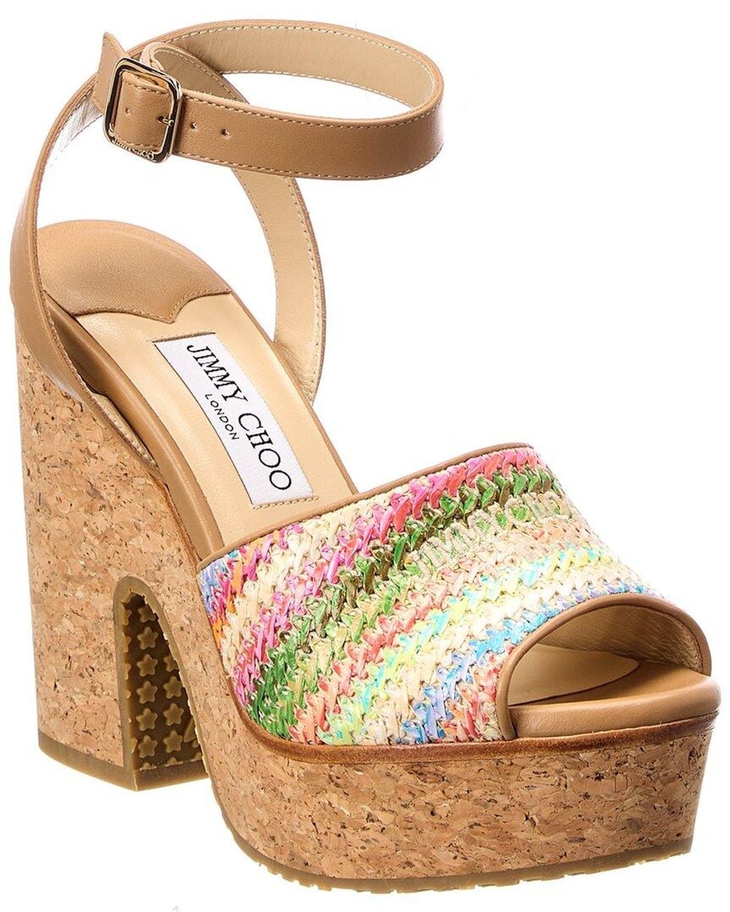 Jimmy Choo Metallic Deven 125 Raffia & Leather Wedge Sandal