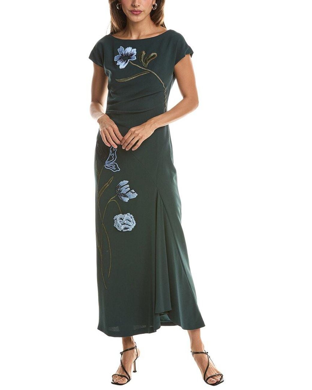 Lela Rose Green Floral Cord Embroidered Fluid Crepe Cascade Dress