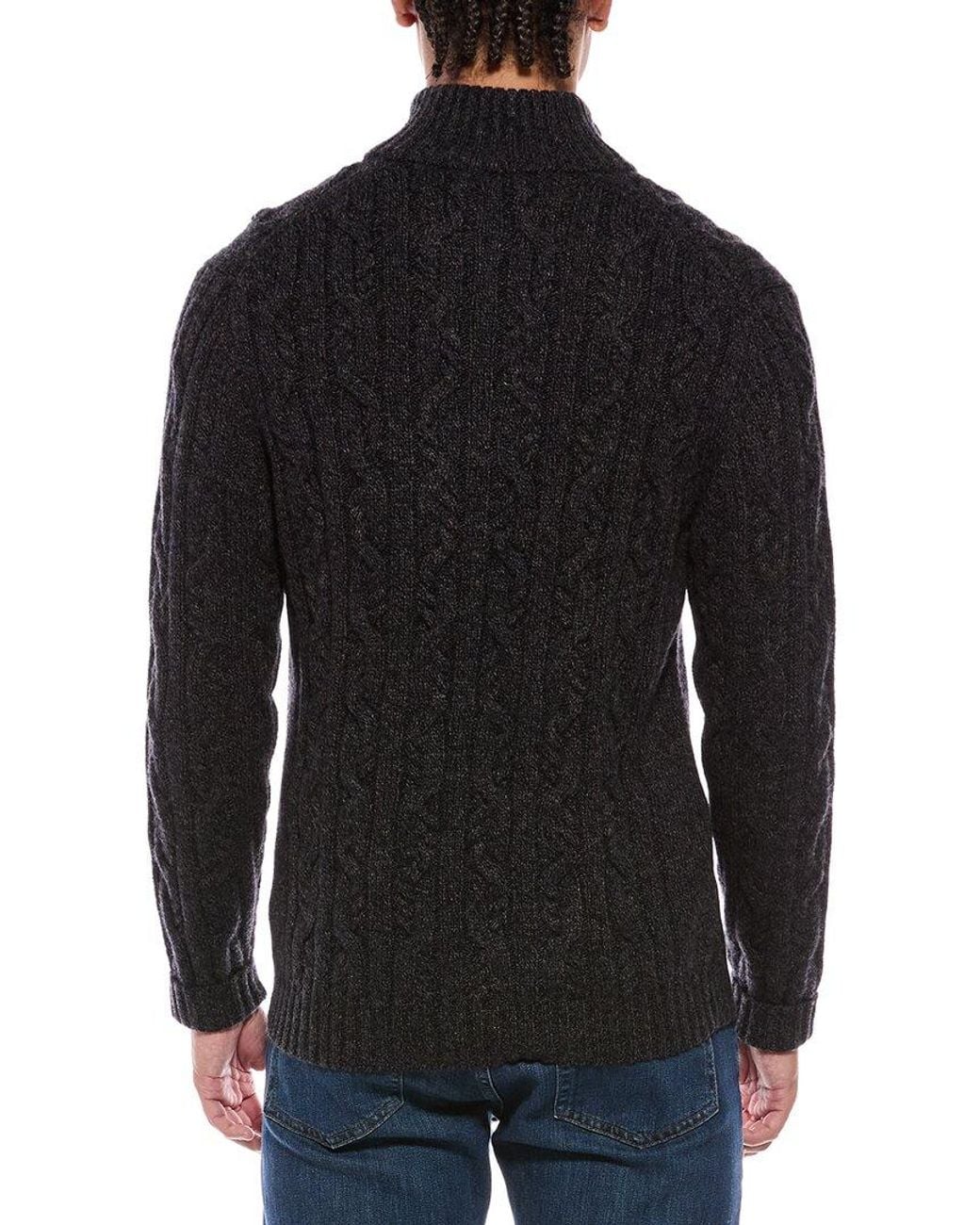 N.Peal Cashmere Black Textured Cable 1/2-Zip 100% Cashmere Mock Neck Sweater for men