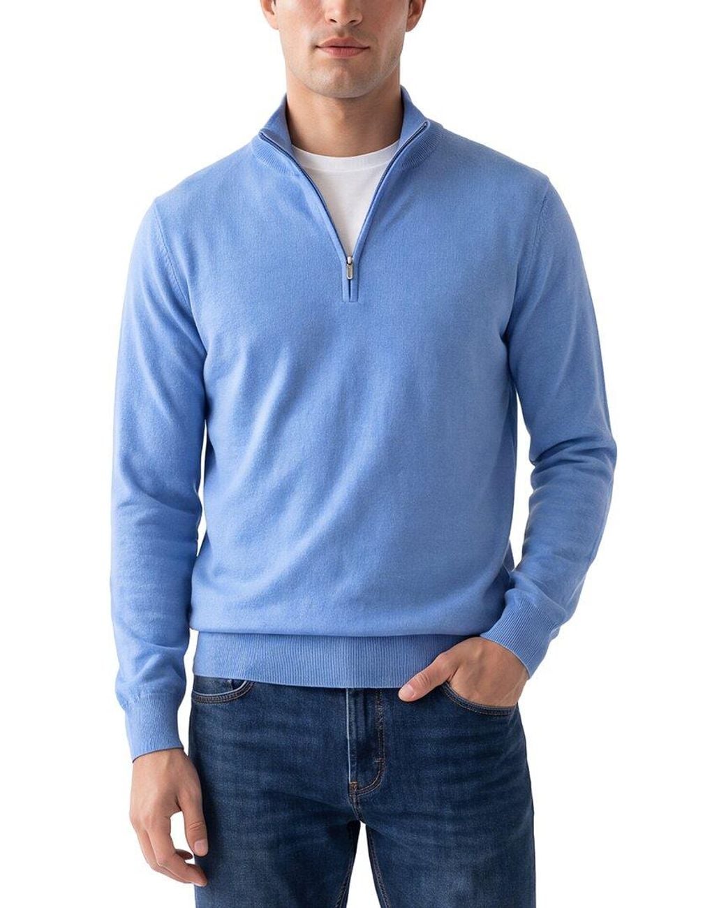 Gran Sasso Blue 100% Cashmere 1/4-Zip Mock Neck Sweater for men
