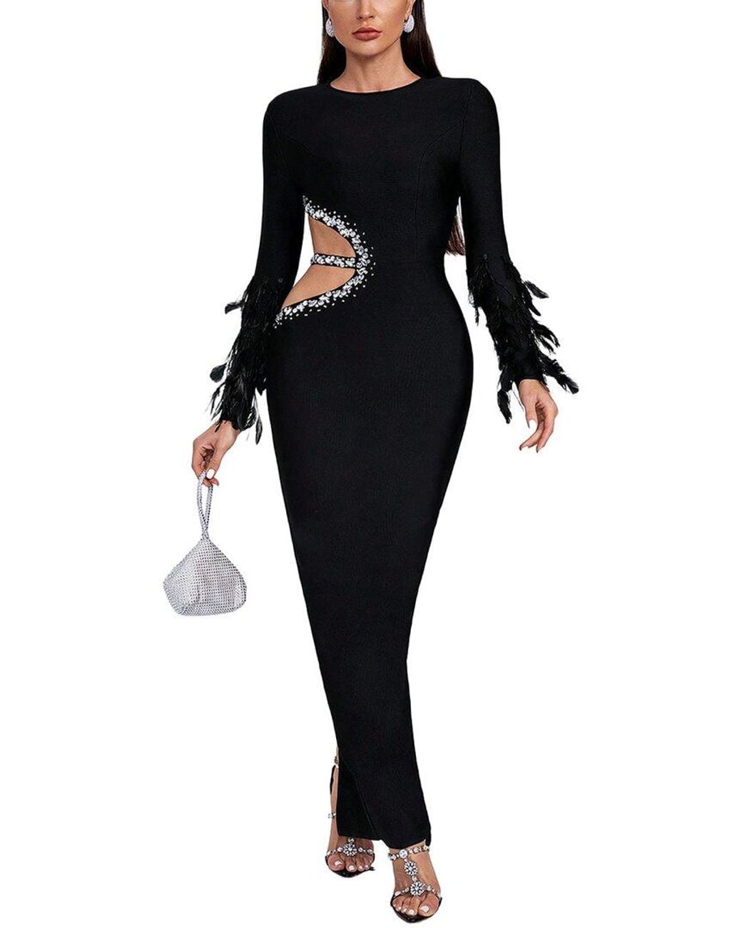 Dilireba Black Long Sleeve Solid Maxi Dress