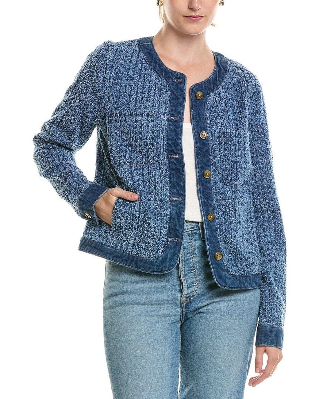 Tommy Bahama Blue Perforated Tweed Crop Denim Jacket