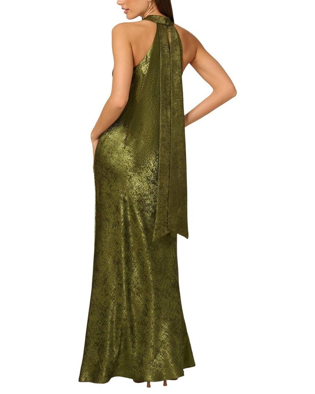 Adrianna Papell Green Foiled Woven Halter Gown