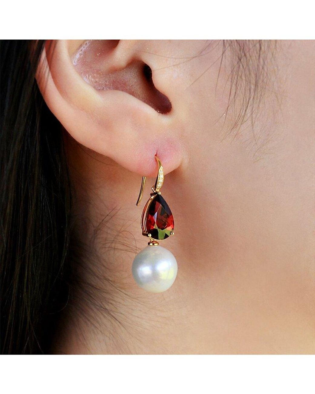 Kai Fine Jewelry Multicolor 14K 7.25 Ct. Tw. Diamond & Garnet & 12-13Mm Pearl Drop Earrings