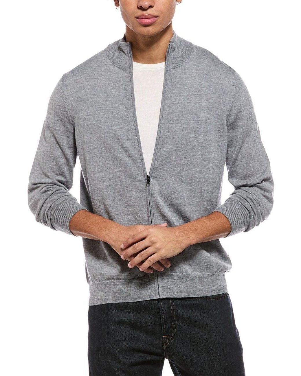Bruno Magli Gray Merino Wool-Blend Blend Zip Mock Neck Sweater for men
