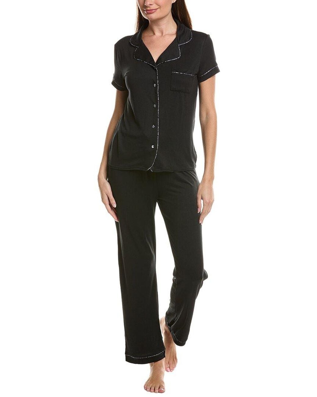 SWEET WHISPERS Black 2Pc Notch Collar Top & Pant Pj Set