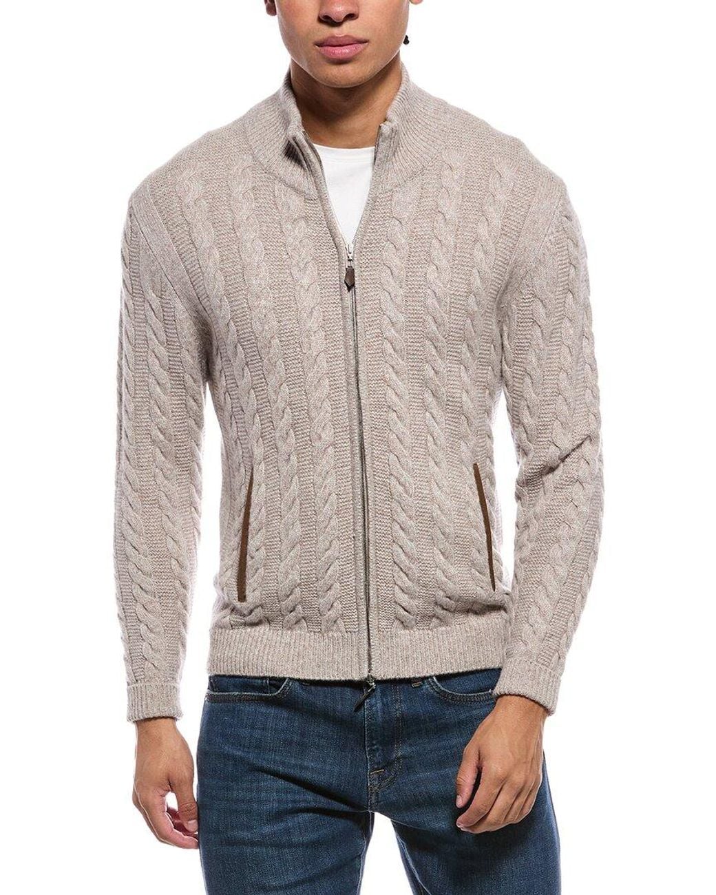N.Peal Cashmere Gray Aspen Cable 100% Cashmere Mock Neck Cardigan for men