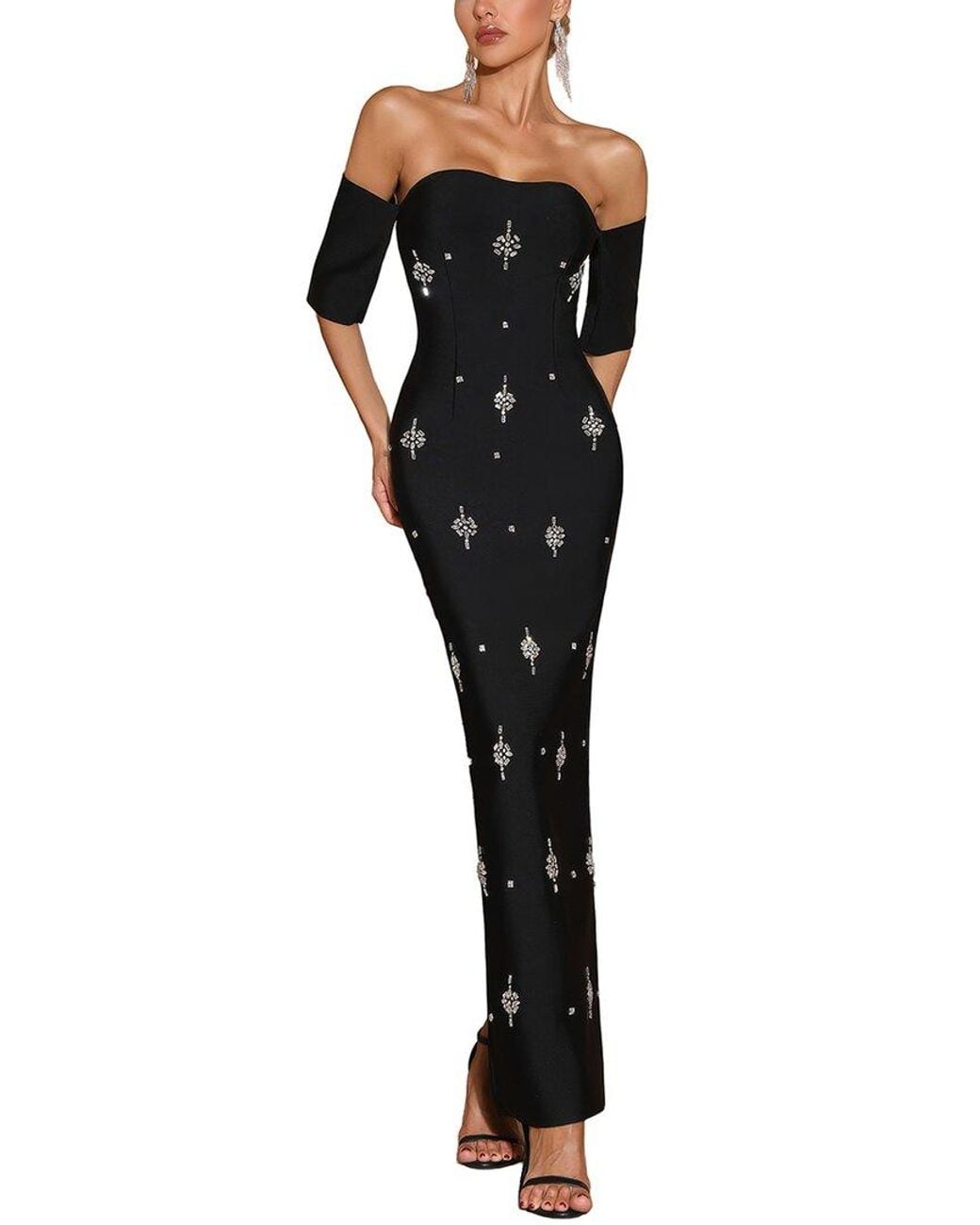 Dilireba Black Off Shoulder Print Maxi Dress