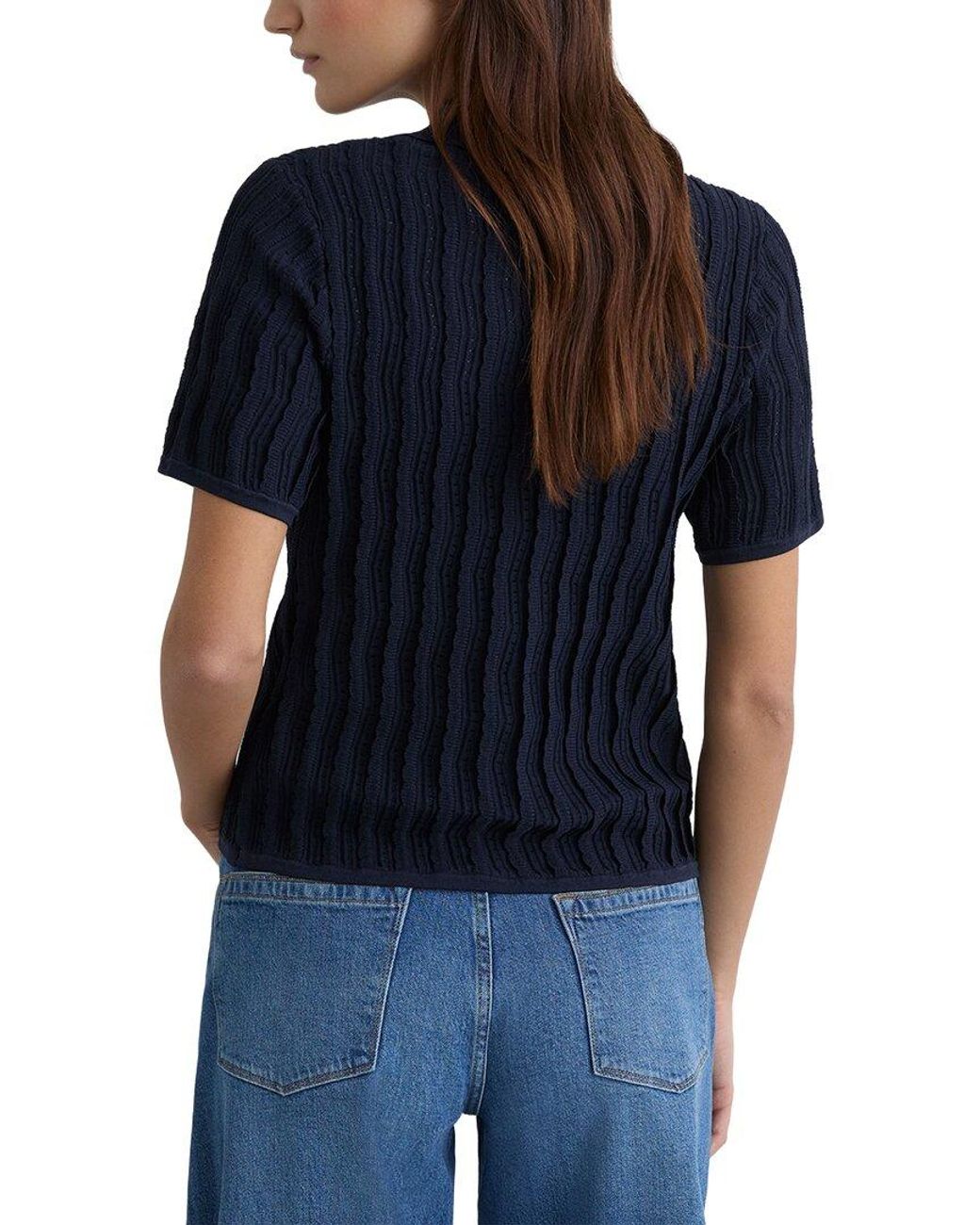 Reiss Blue Audrey Stitch Detail Short Sleeve Knitted Shirt