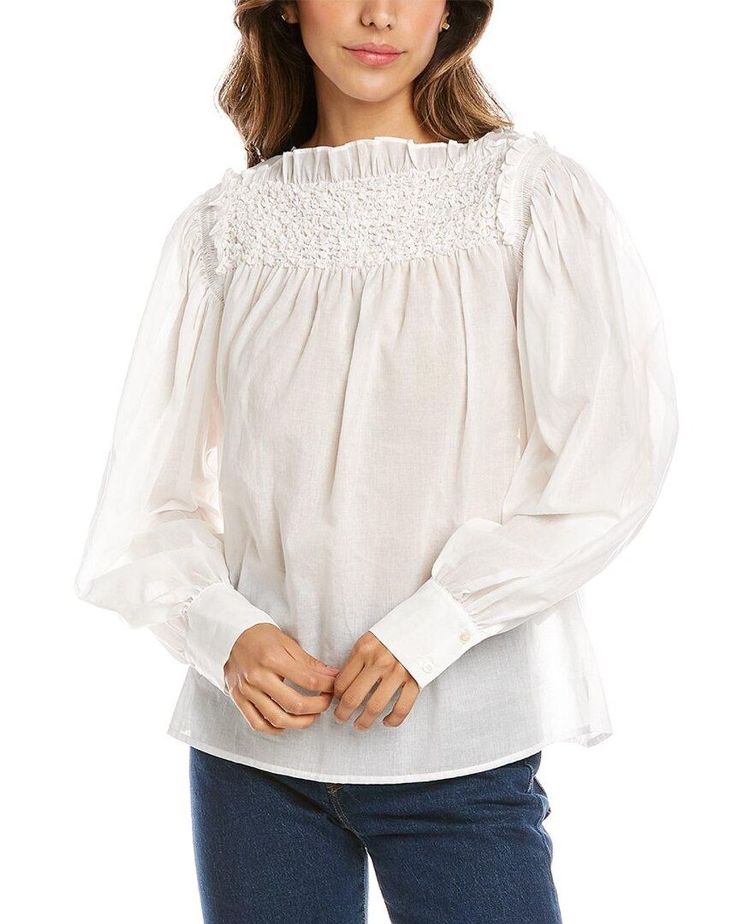 Rebecca Taylor Smocked Blouse in White | Lyst