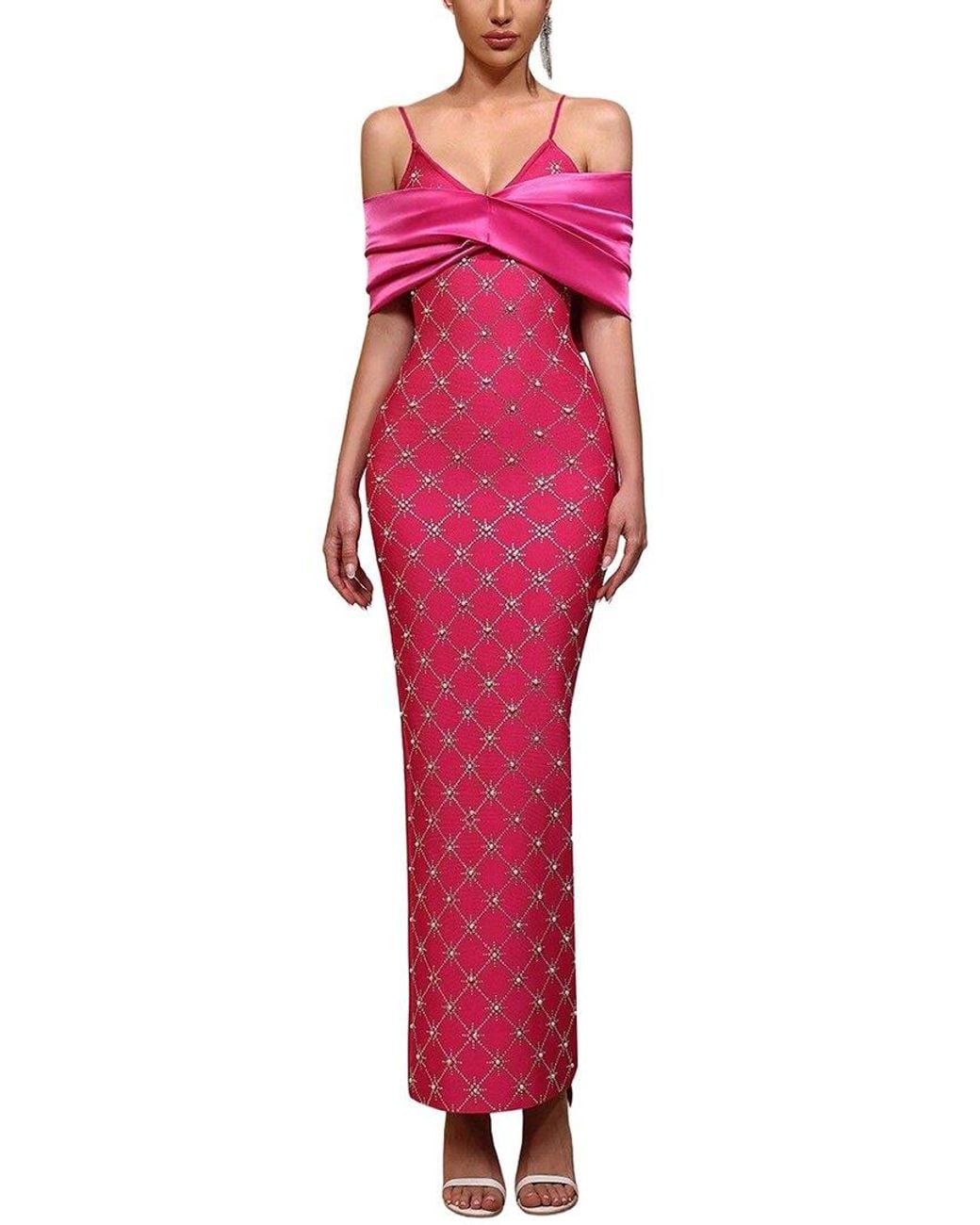 Dilireba Pink Off Shoulder Print Maxi Dress
