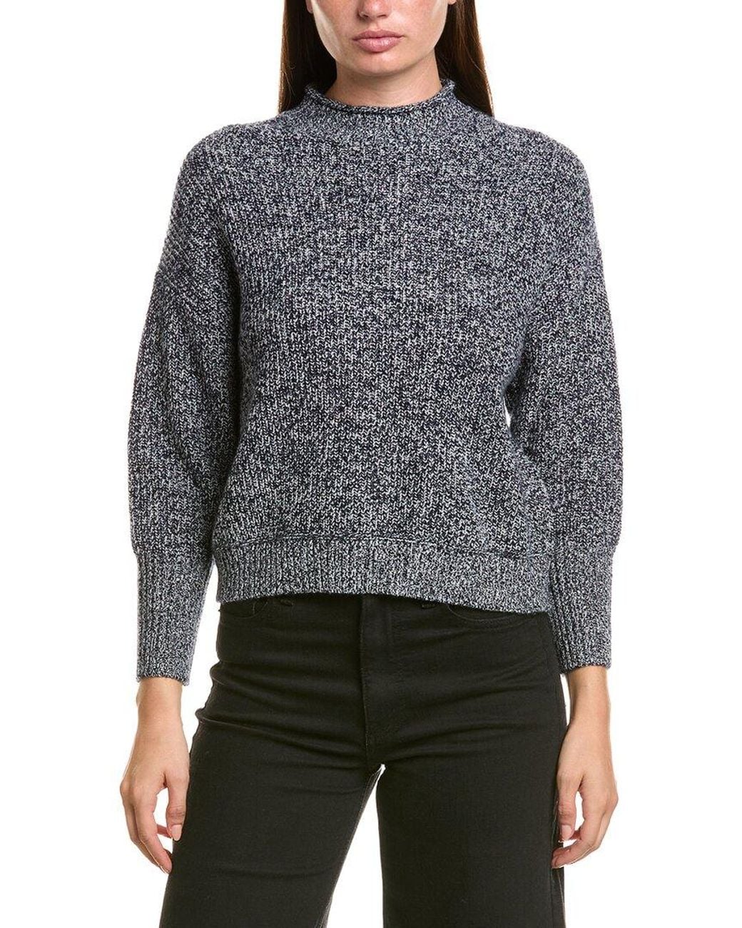 Hannah Rose Gray Merino Wool Marled Fringe Mock Neck Sweater