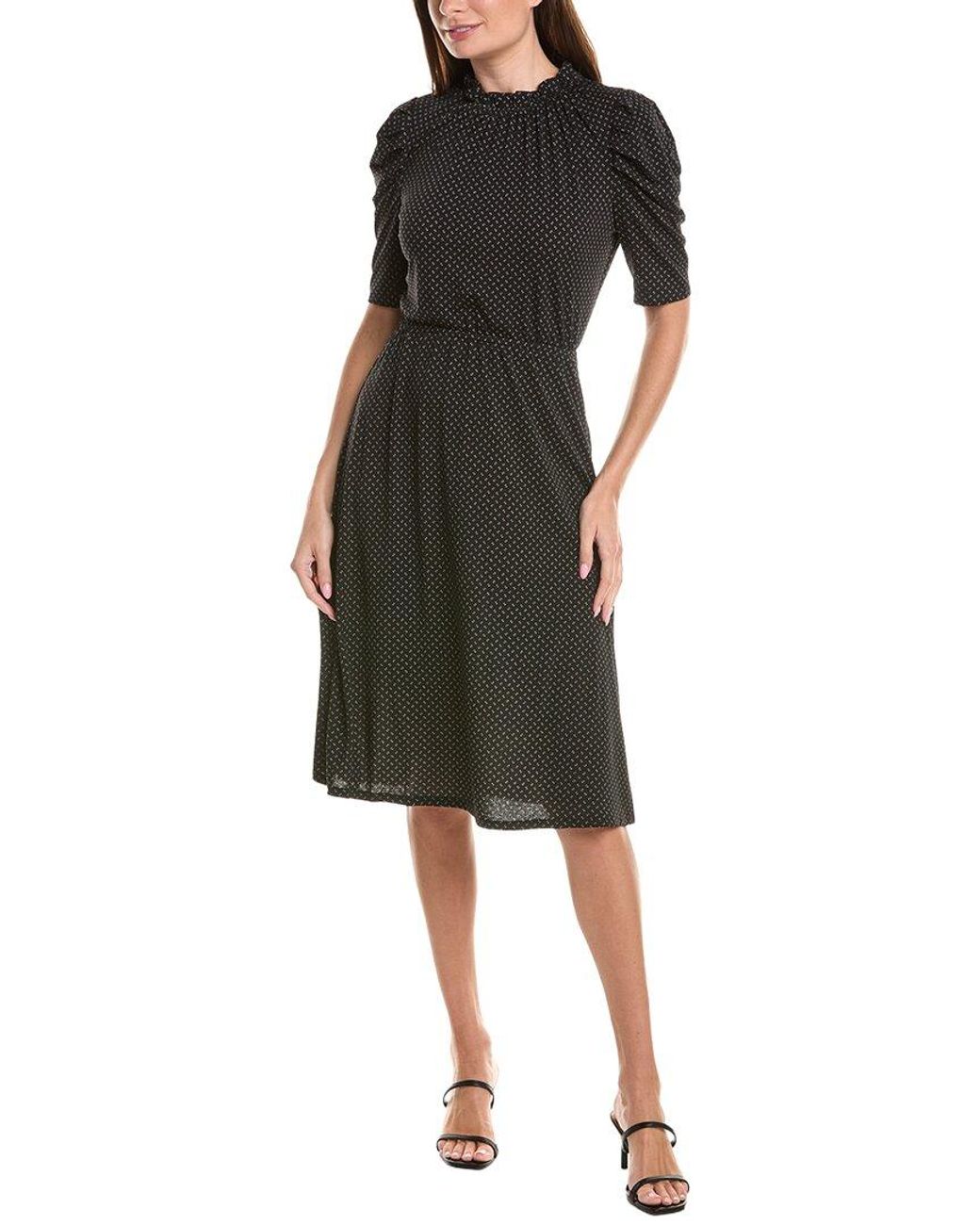 Adrianna Papell Black Printed Knit Moss Crepe Ruffle Neck Dress