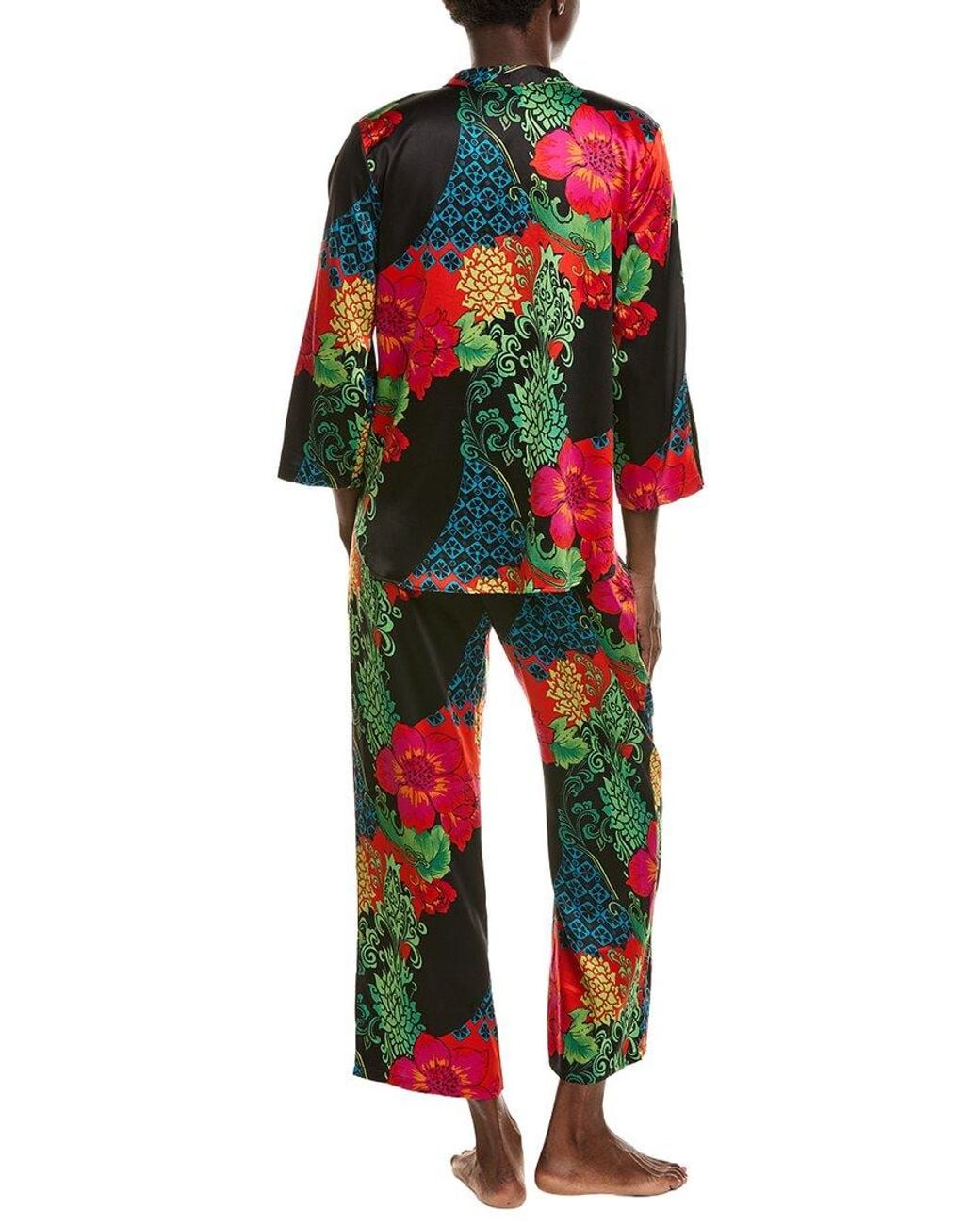 Natori Black 2Pc Harvest Printed Satin Mandarin Pajama Set