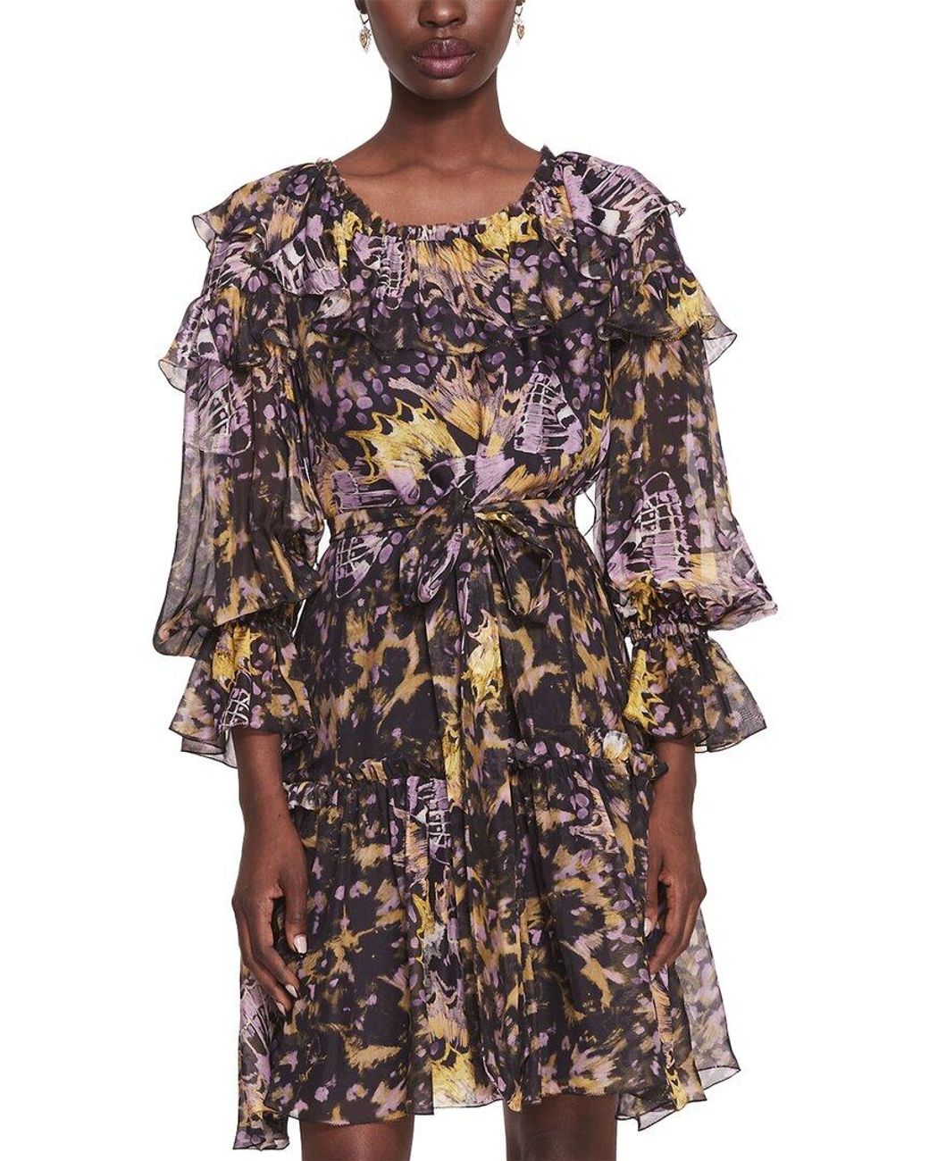 Marchesa Purple Marchesa Rosa Printed Silk-Blend Ruff Mini Dress