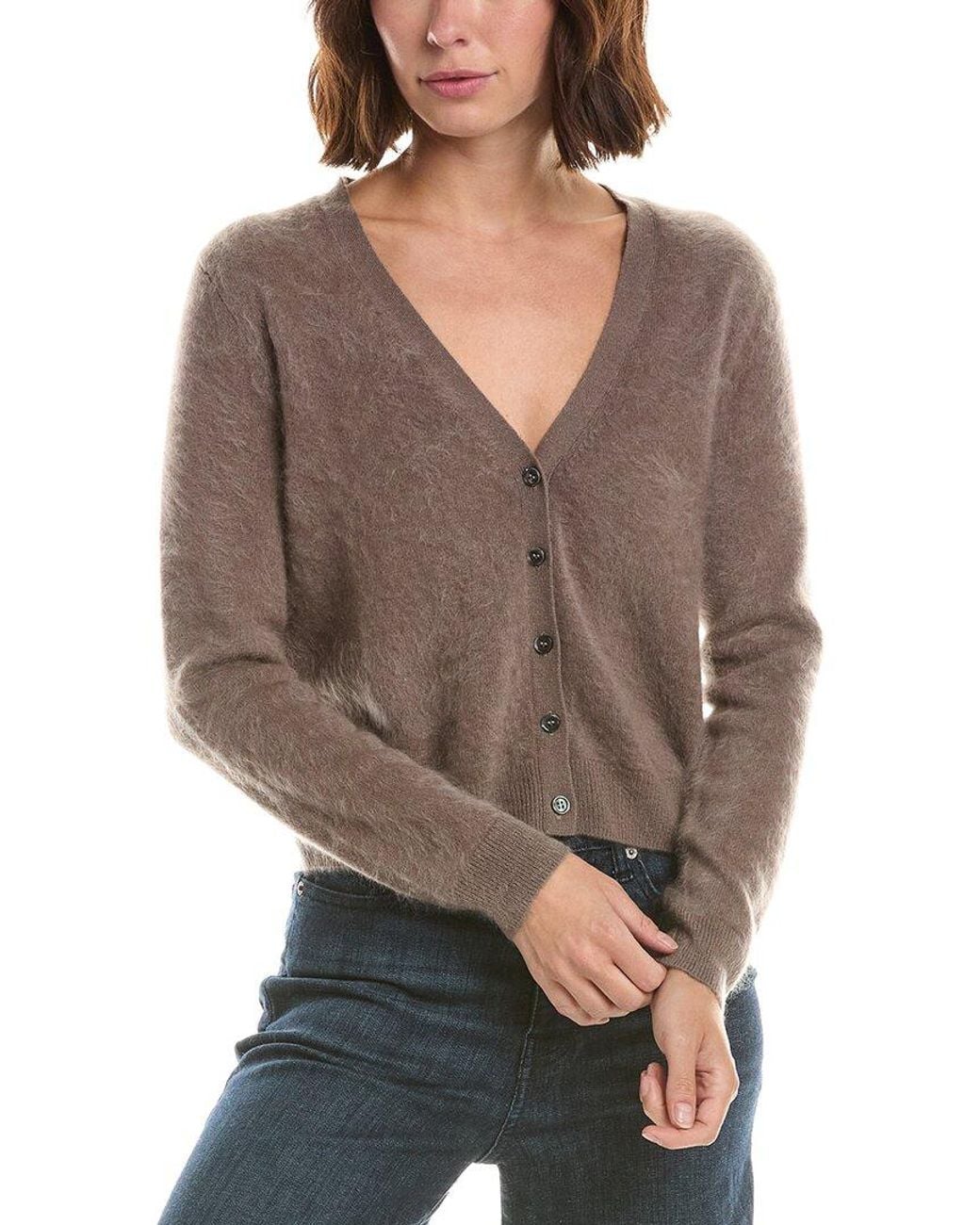Sofiacashmere Brown Brushed Cashmere Cropped 100% Cashmere Cardigan