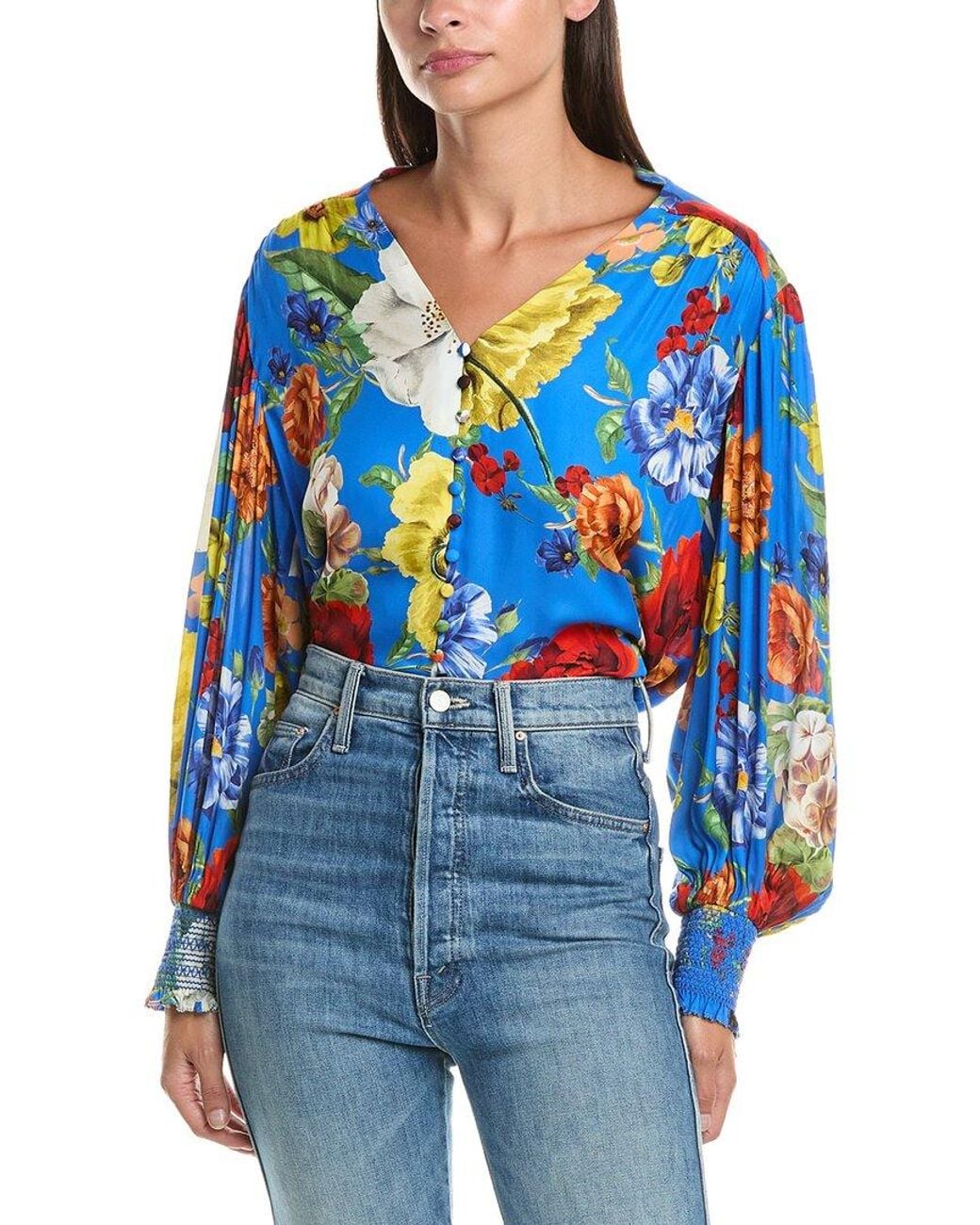 Alice + Olivia Blue Serena Collar Blouson Sleeve Top