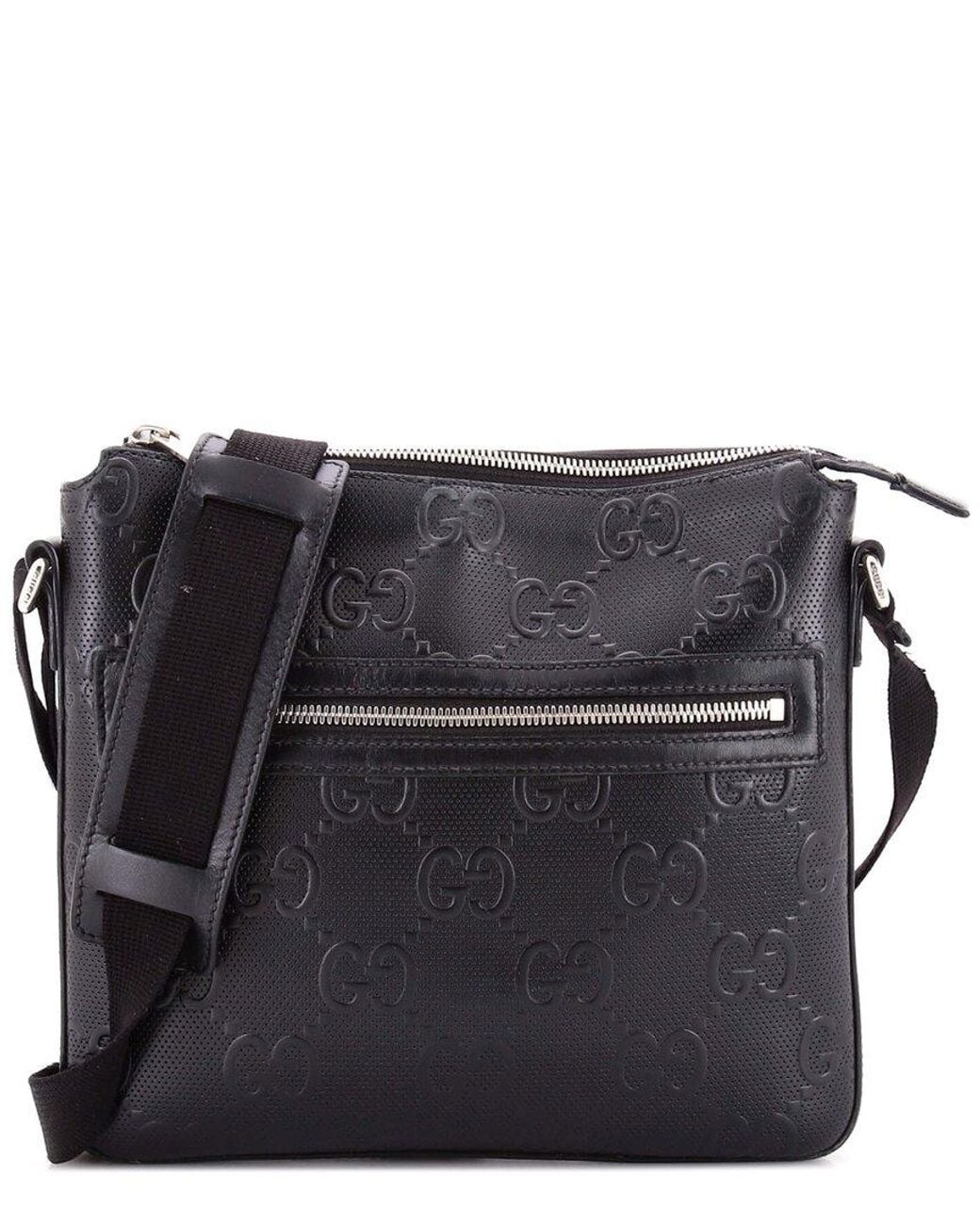 Gucci Black Gg Embossed Perforated Leather Front Zip Messenger Small (Authentic Pre-Loved)