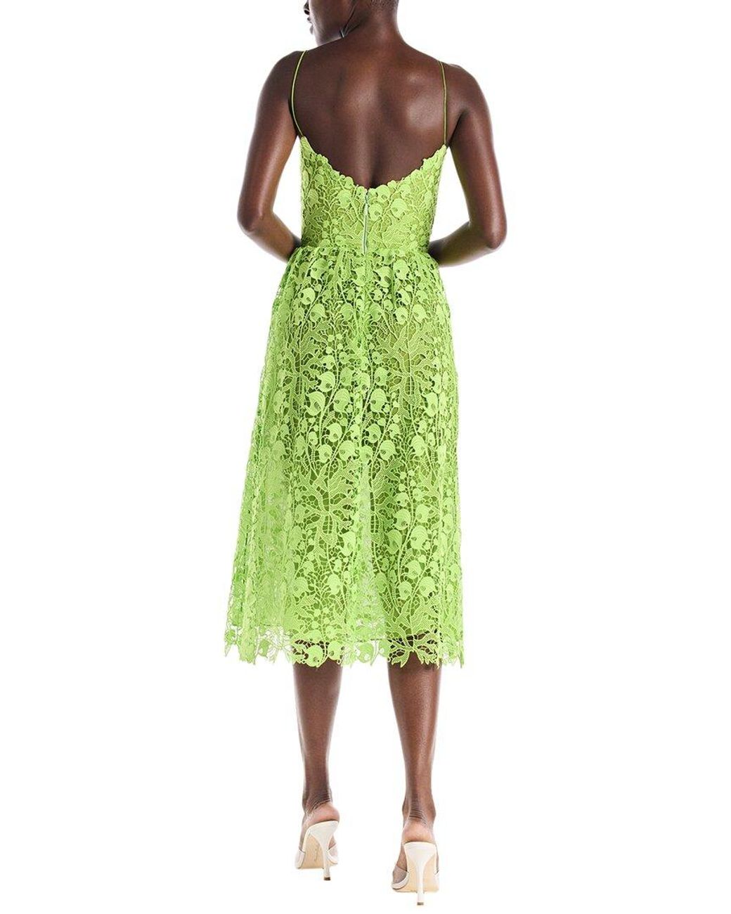 Monique Lhuillier Green Spaghetti Strap Lace Silk-lined Dress