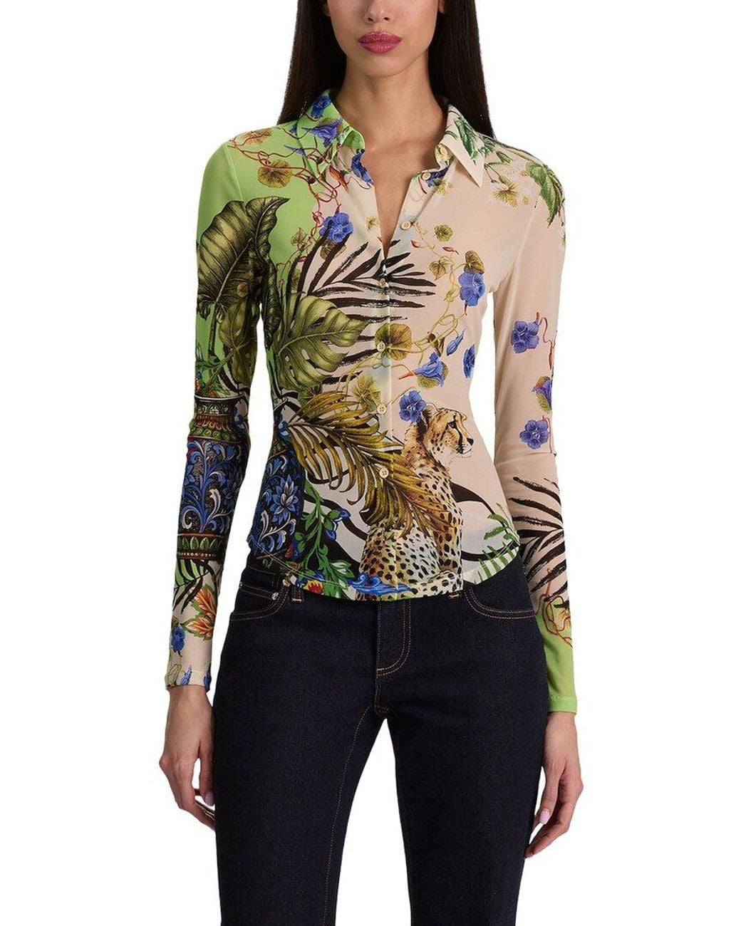 Alice + Olivia Black Jade Mesh Button Down Shirt