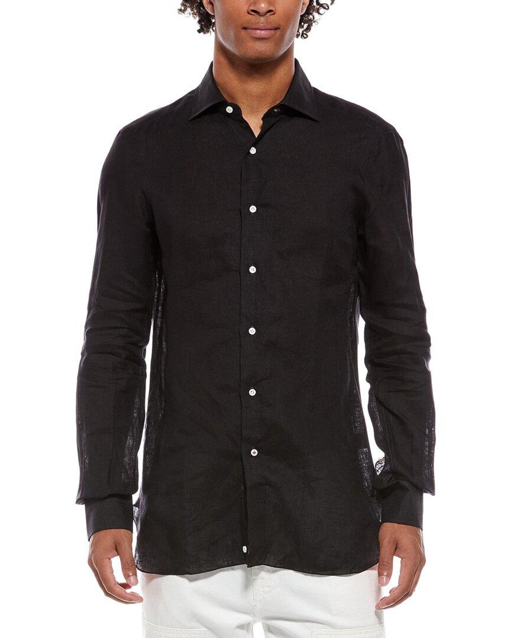 Isaia Black Milano Mix Linen Dress Shirt for men