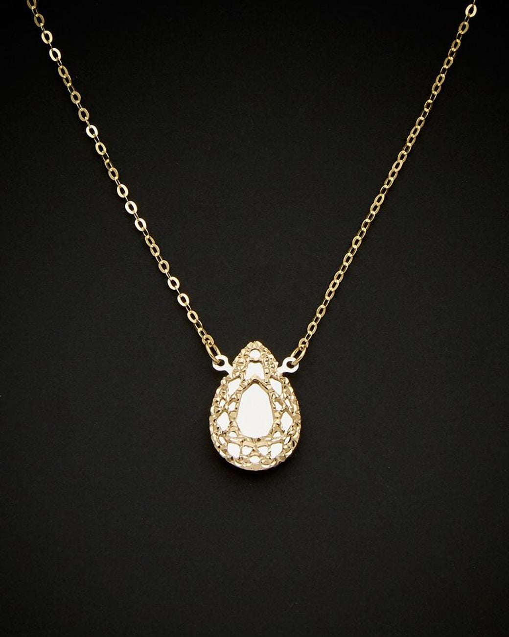 Italian Gold Black 14k Two-tone Filigree Mirrored Teardrop Adjustable Necklace
