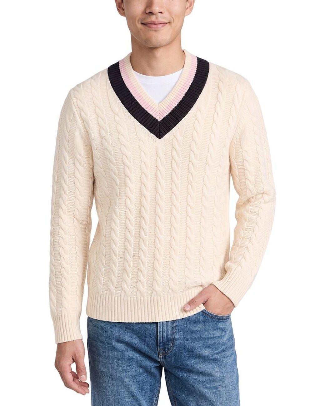 N.Peal Cashmere Blue Cable Cricket 100% Cashmere V-Neck Jumper for men