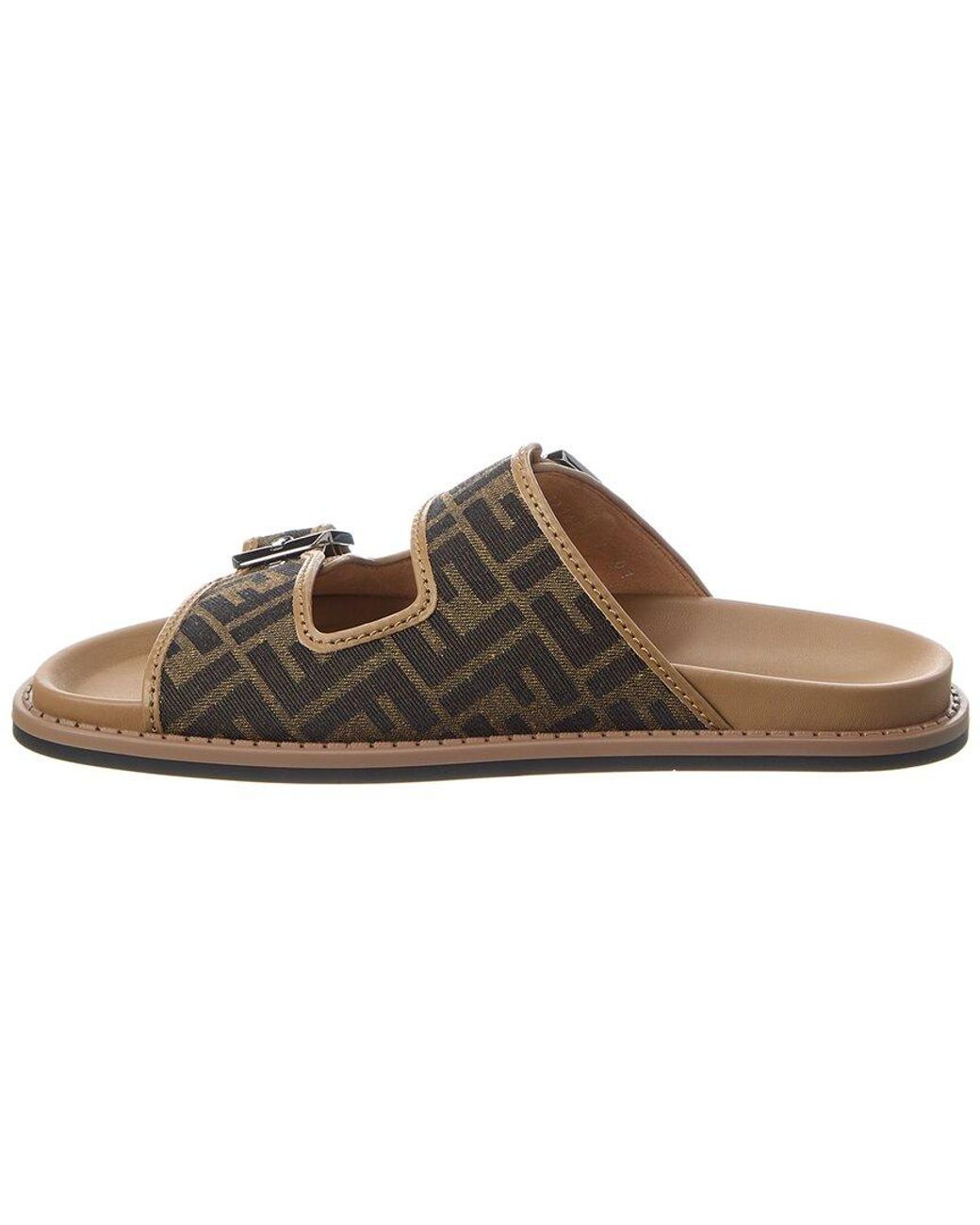 Fendi Brown Feel Ff Jacquard & Leather Sandal for men
