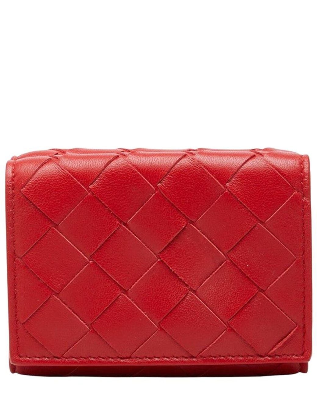 Bottega Veneta Red Intrecciato Leather Compact Trifold Wallet (Authentic Pre- Loved)