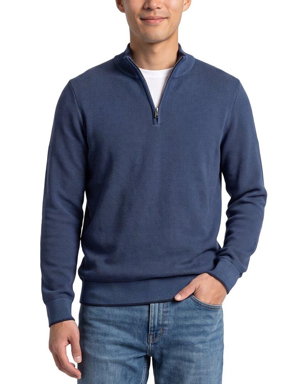 Raffi Blue Birdseye 1/4-Zip Mock Neck Sweater for men