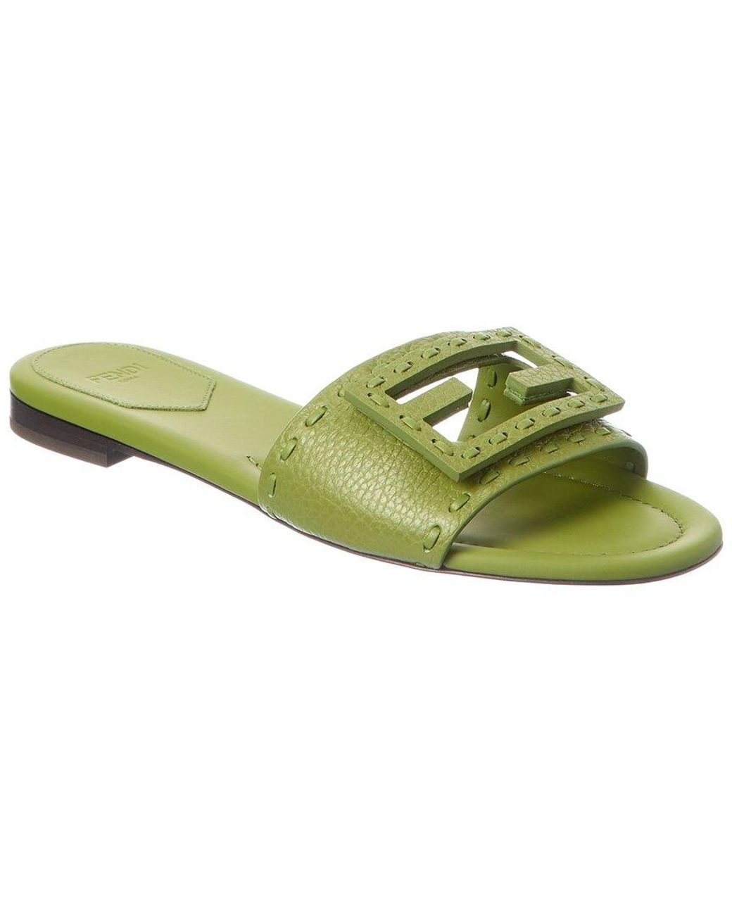 Fendi Green Baguette Leather Flat Sandal