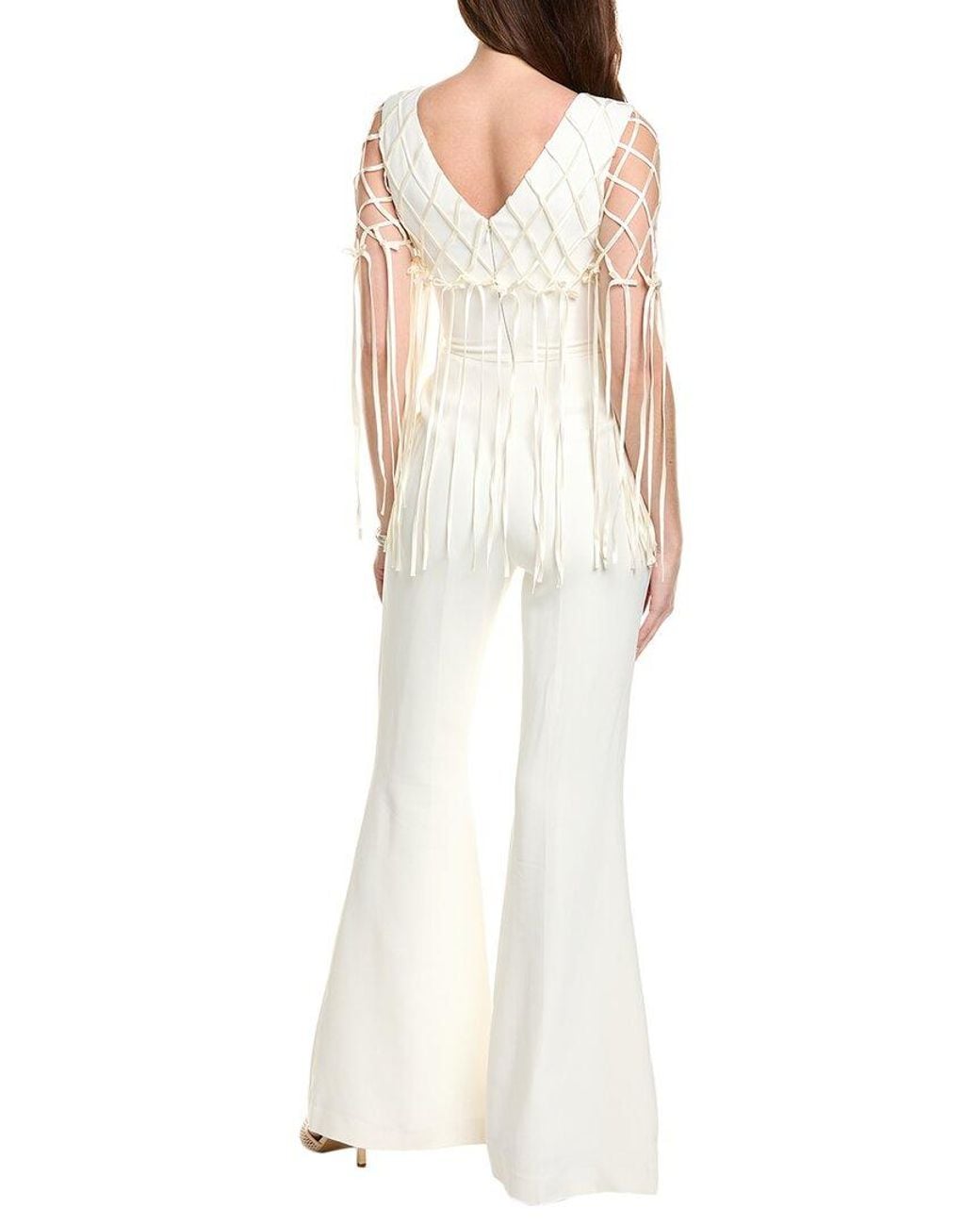 Saloni White Heavy Crepe Silk-Trim Jumpsuit