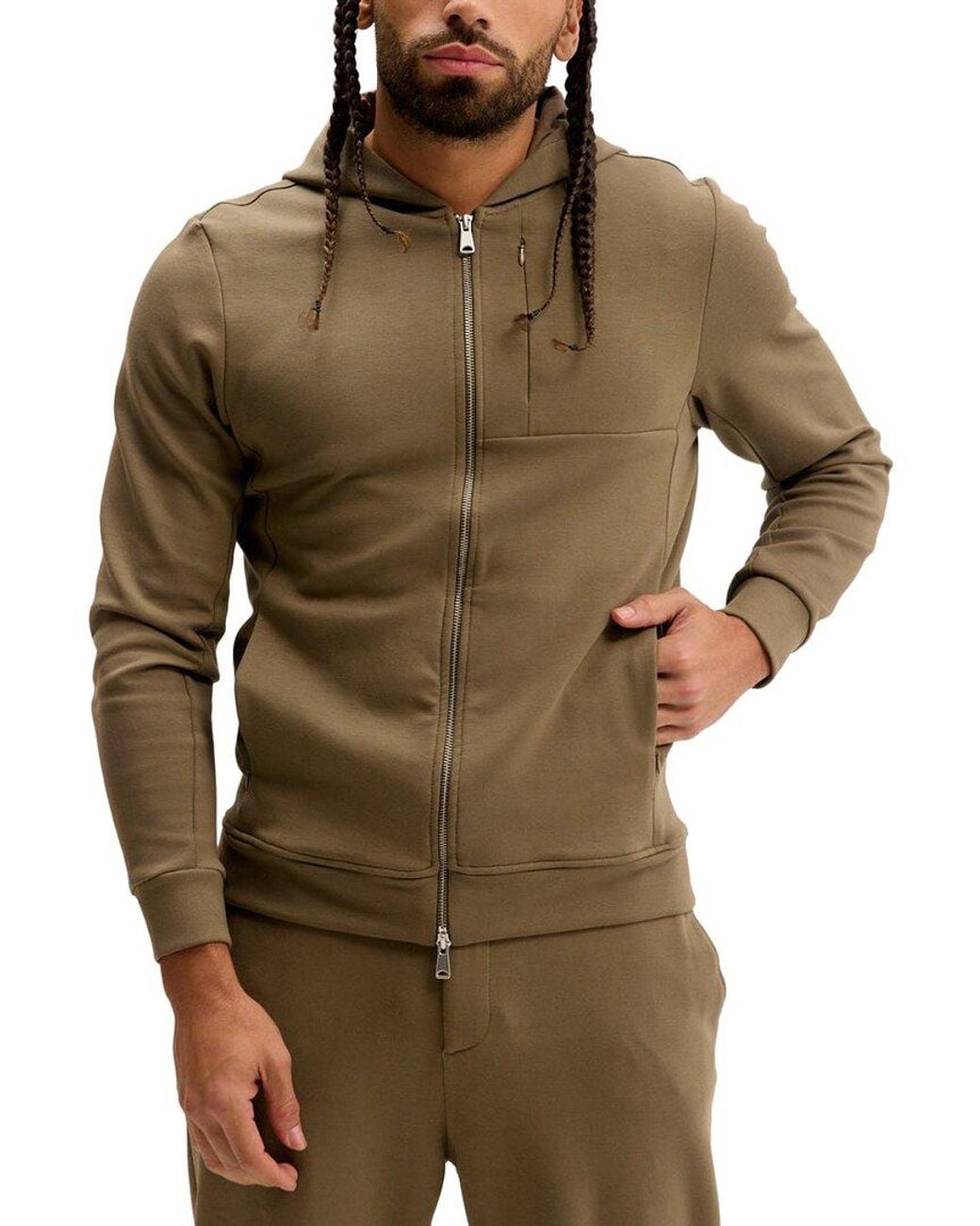 Ron Tomson Brown Hooded Double Zipper Jacket for men