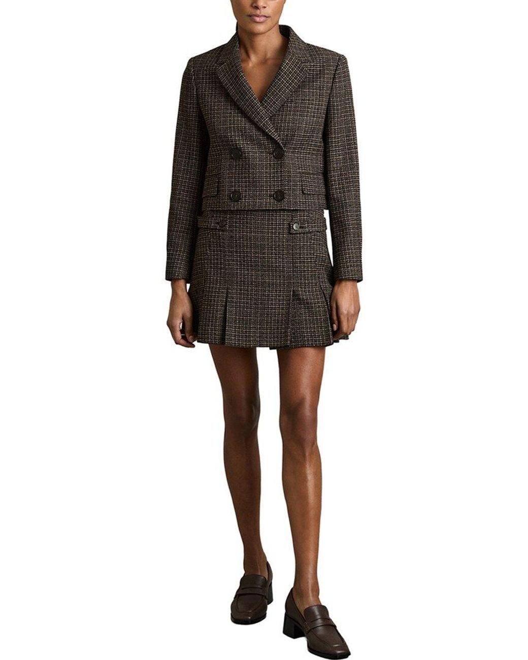 Reiss Black Vienna Double-Breasted Cropped Textured Wool-Blend Blazer