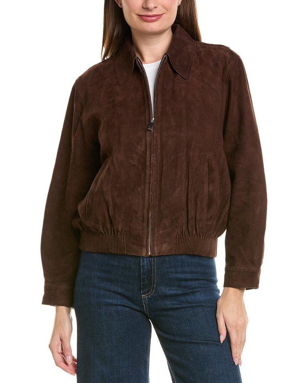 Neiman Marcus Brown Zip Up Collared Suede Jacket