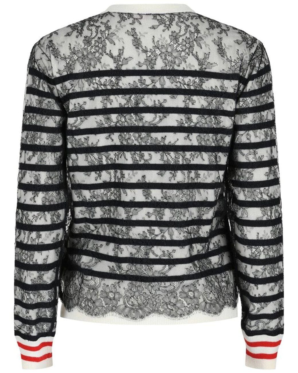 Valentino Black Lace Striped V-Neck Sweater