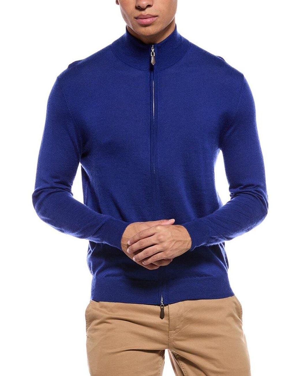 N.Peal Cashmere Blue Hyde Zip 100% Cashmere Mock Neck Cardigan for men