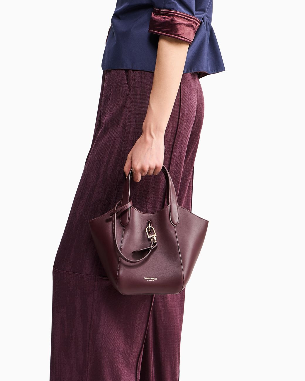 Giorgio Armani Blue Leather Handbag With A Geometric Base And A Snap-Hook Clasp