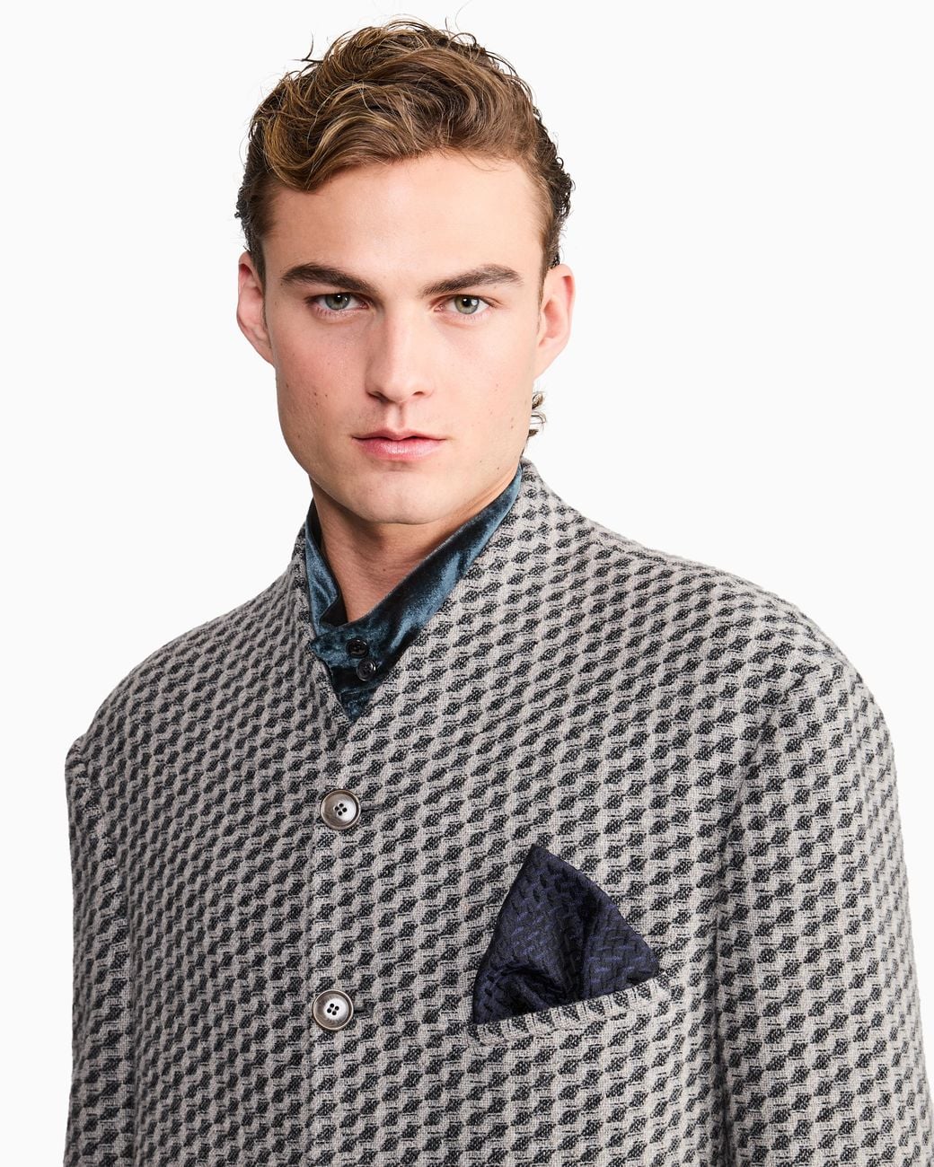 Giorgio Armani Blue Silk Pocket Square With Herringbone Pattern for men