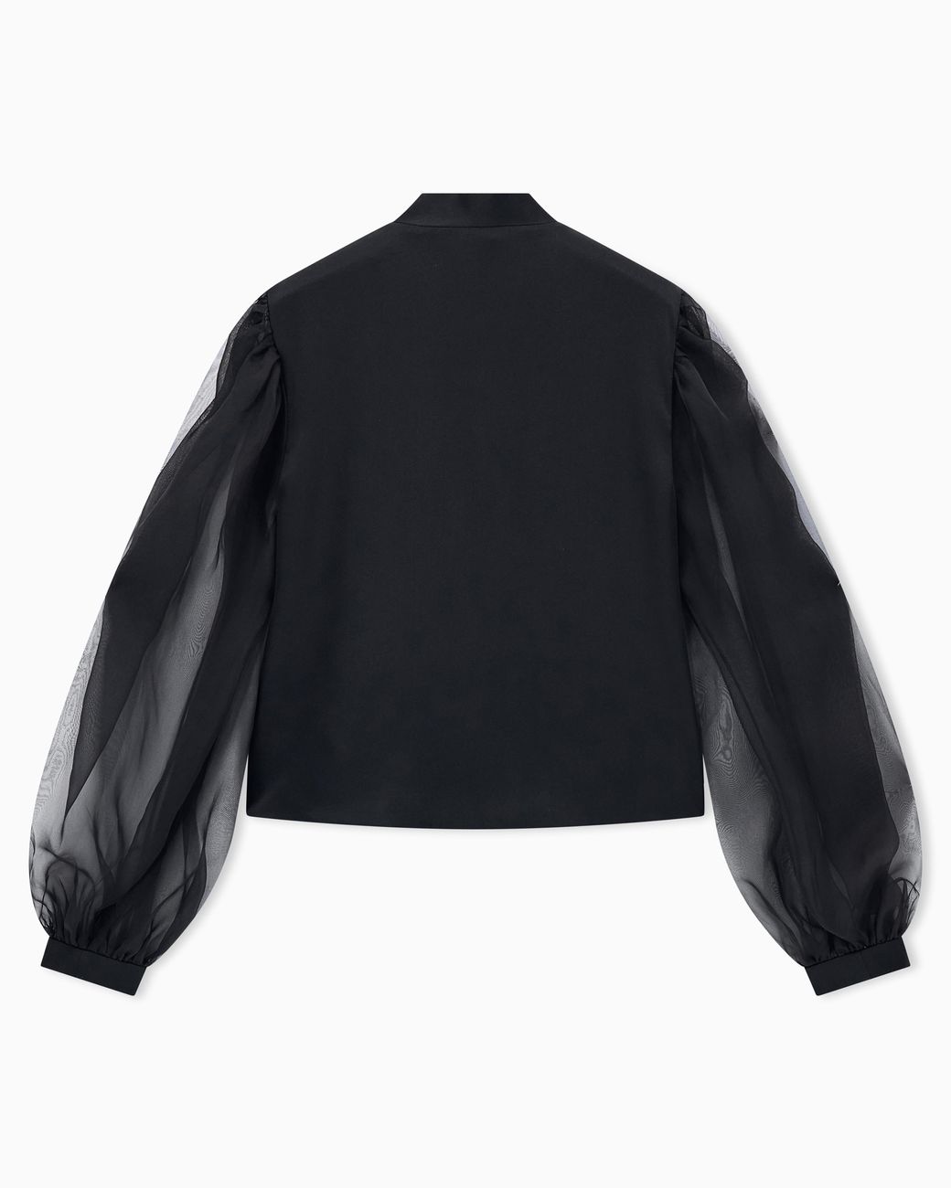 Giorgio Armani Black Satin Shirt With Silk Organza Sleeves And Front Rhinestones