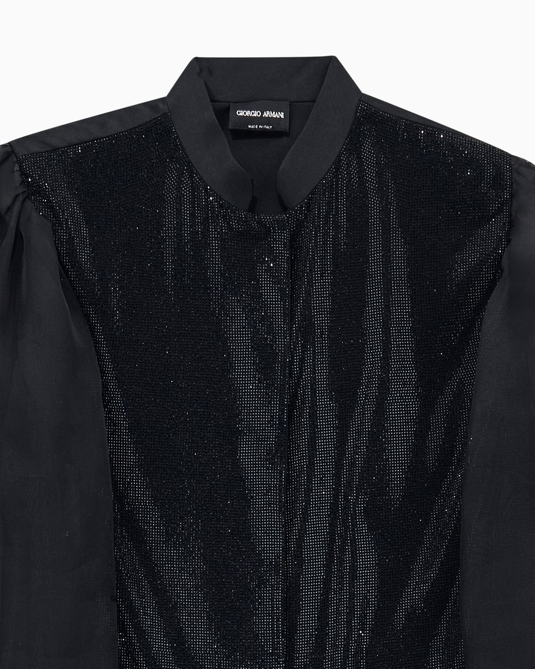 Giorgio Armani Black Satin Shirt With Silk Organza Sleeves And Front Rhinestones