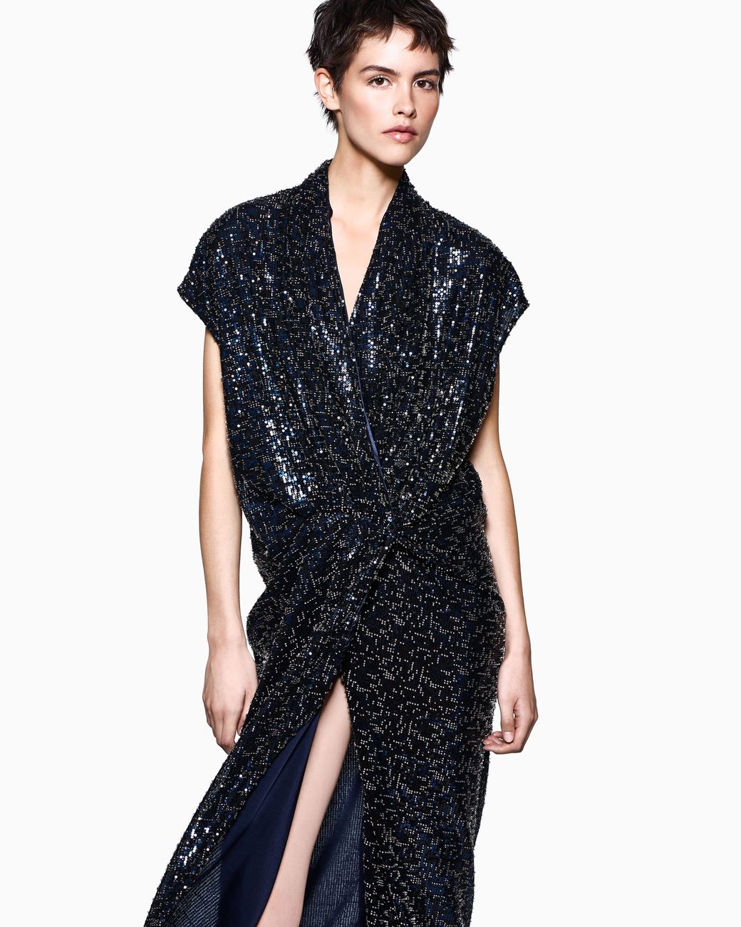 Giorgio Armani Blue Embroidered Dress With Dropped Shoulders And Sequin Beads