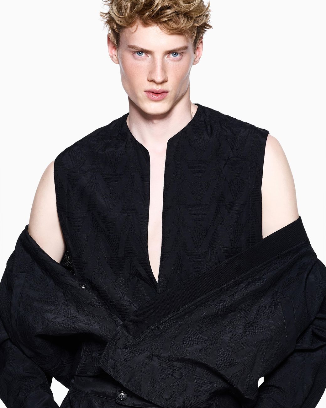 Giorgio Armani Blue Linen Blend Blouson With Chevron Embroidery for men