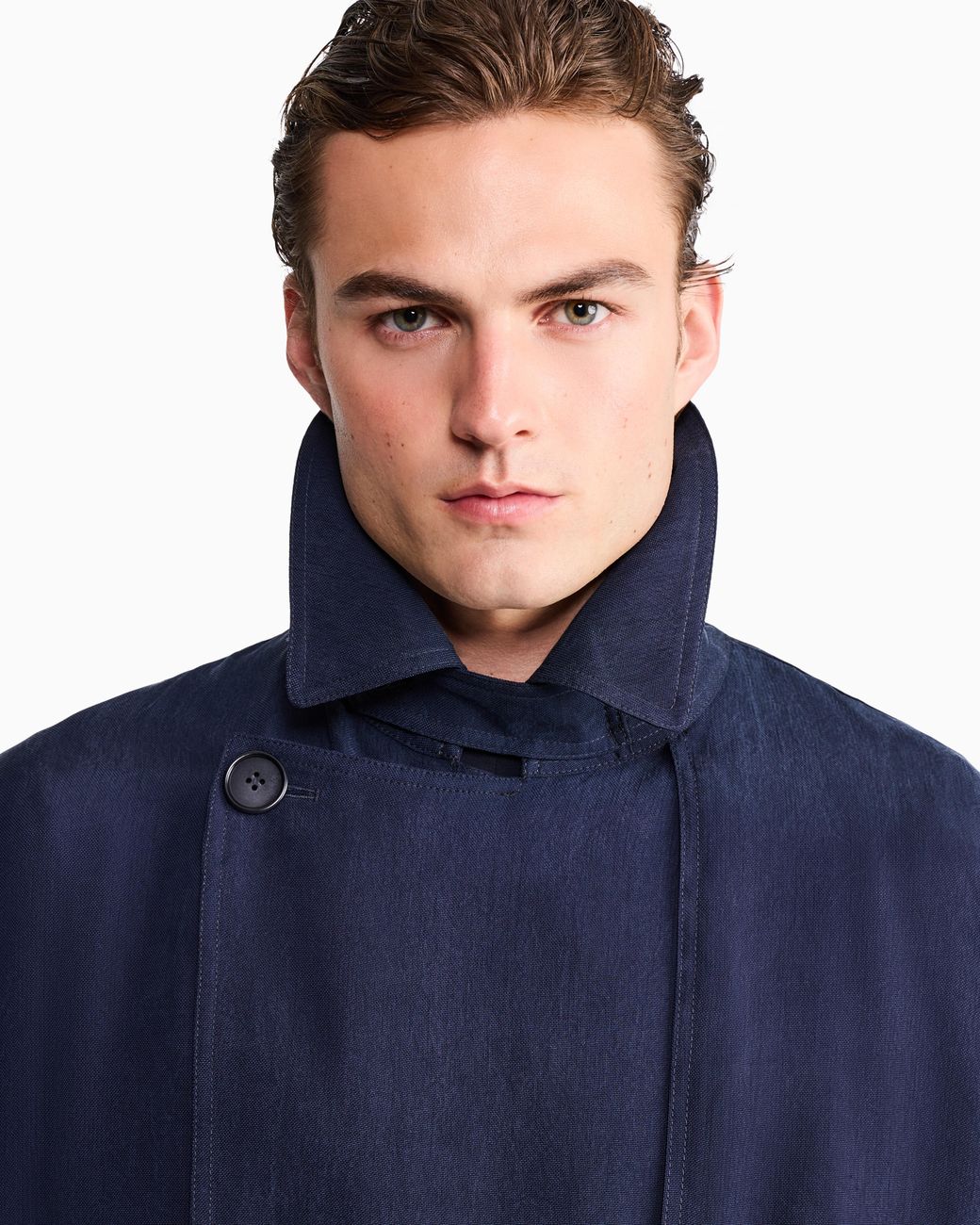 Giorgio Armani Blue Double-Breasted Washed Cupro Coat With A Belt Icon for men