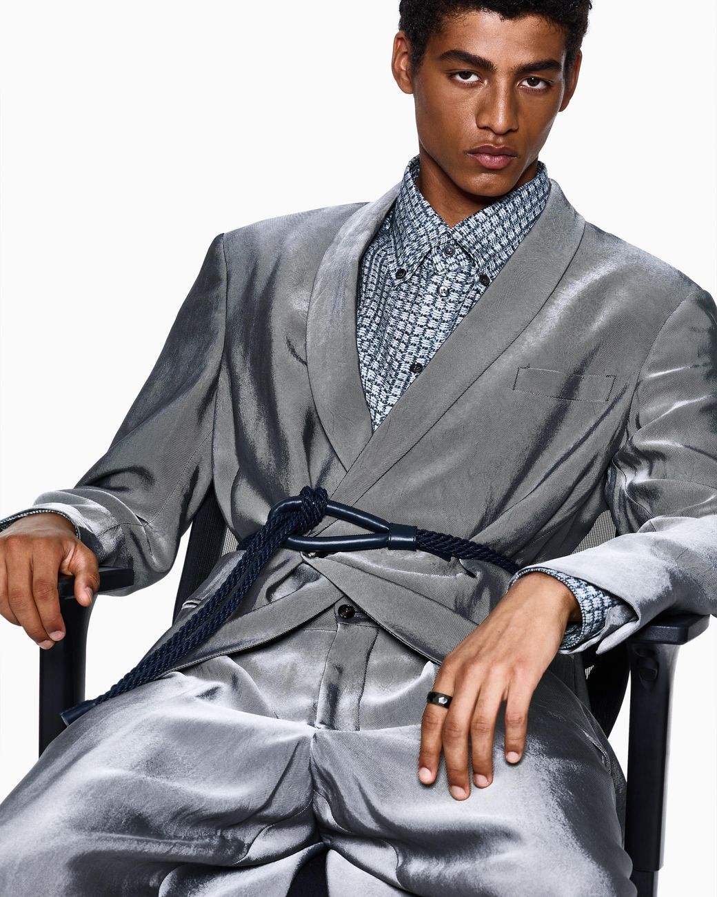 Giorgio Armani Blue Viscose And Silk Oversized Shirt With Weave Print for men
