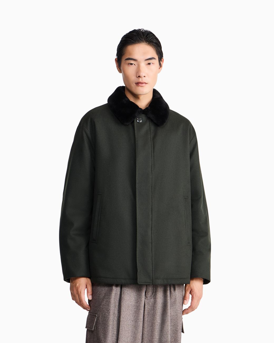 Giorgio Armani Black Cashmere Jacket With Shearling Lining And Hidden Zip for men