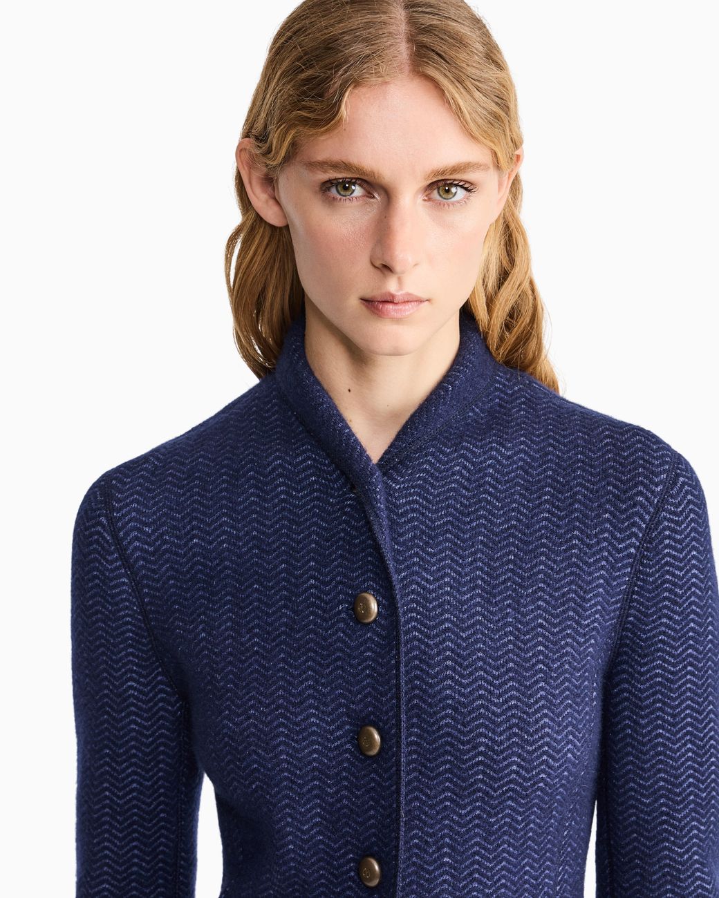 Giorgio Armani Blue Blazer Jackets Slim Herringbone Cashmere Knit Stand Collar
