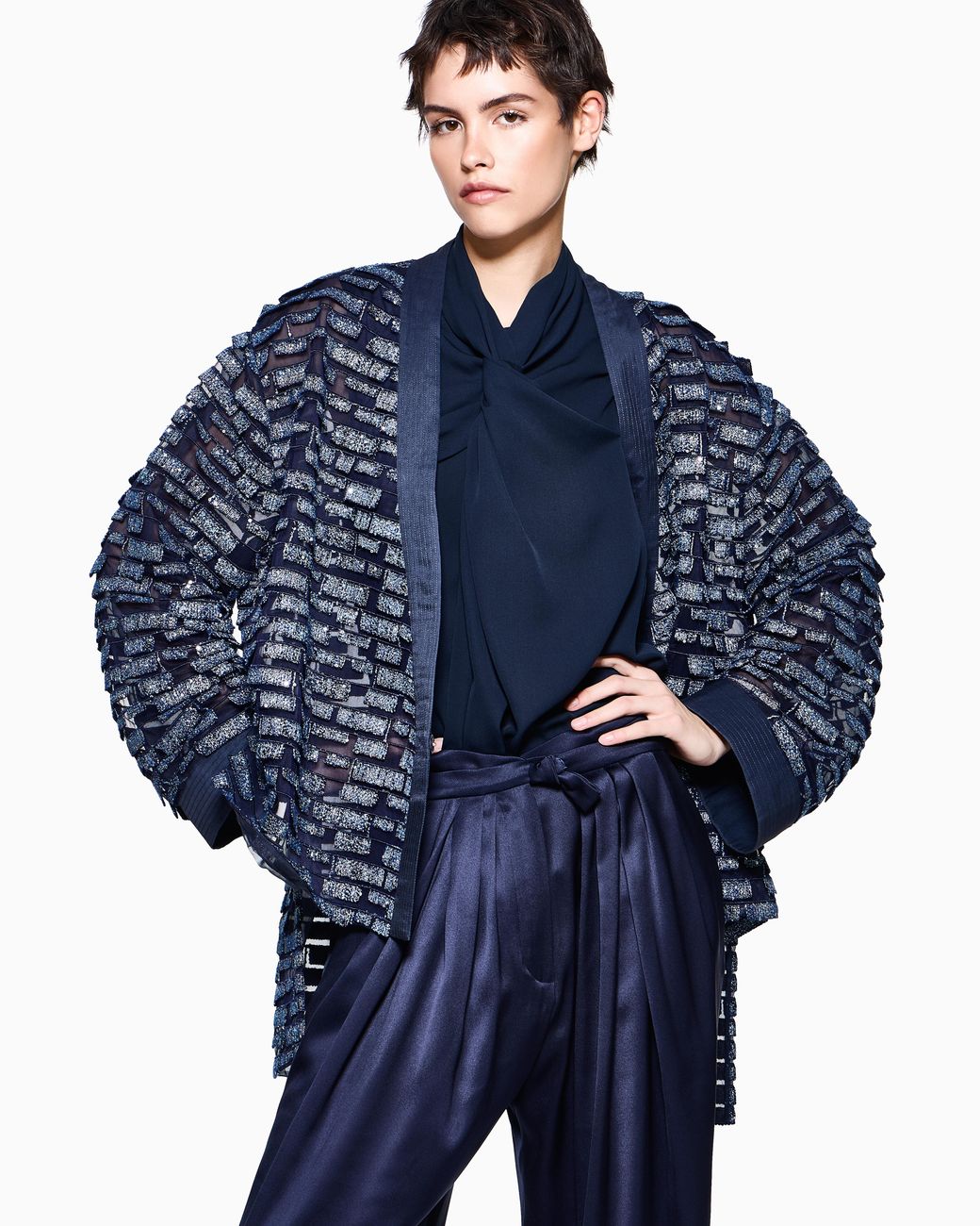 Giorgio Armani Blue Shirt Sleeveless Silk Georgette With Draped Neckline