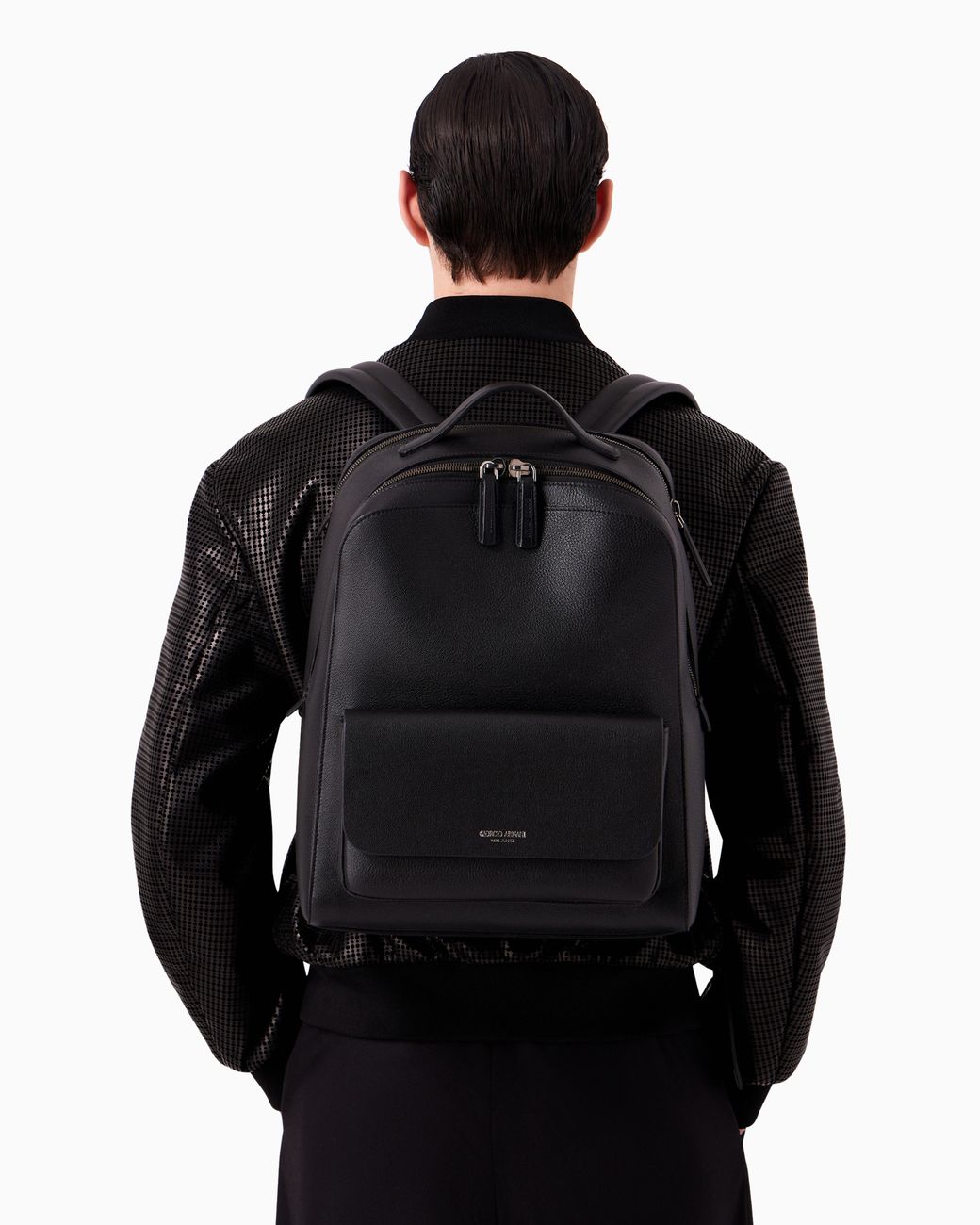 Giorgio Armani Black Round Leather Backpack for men
